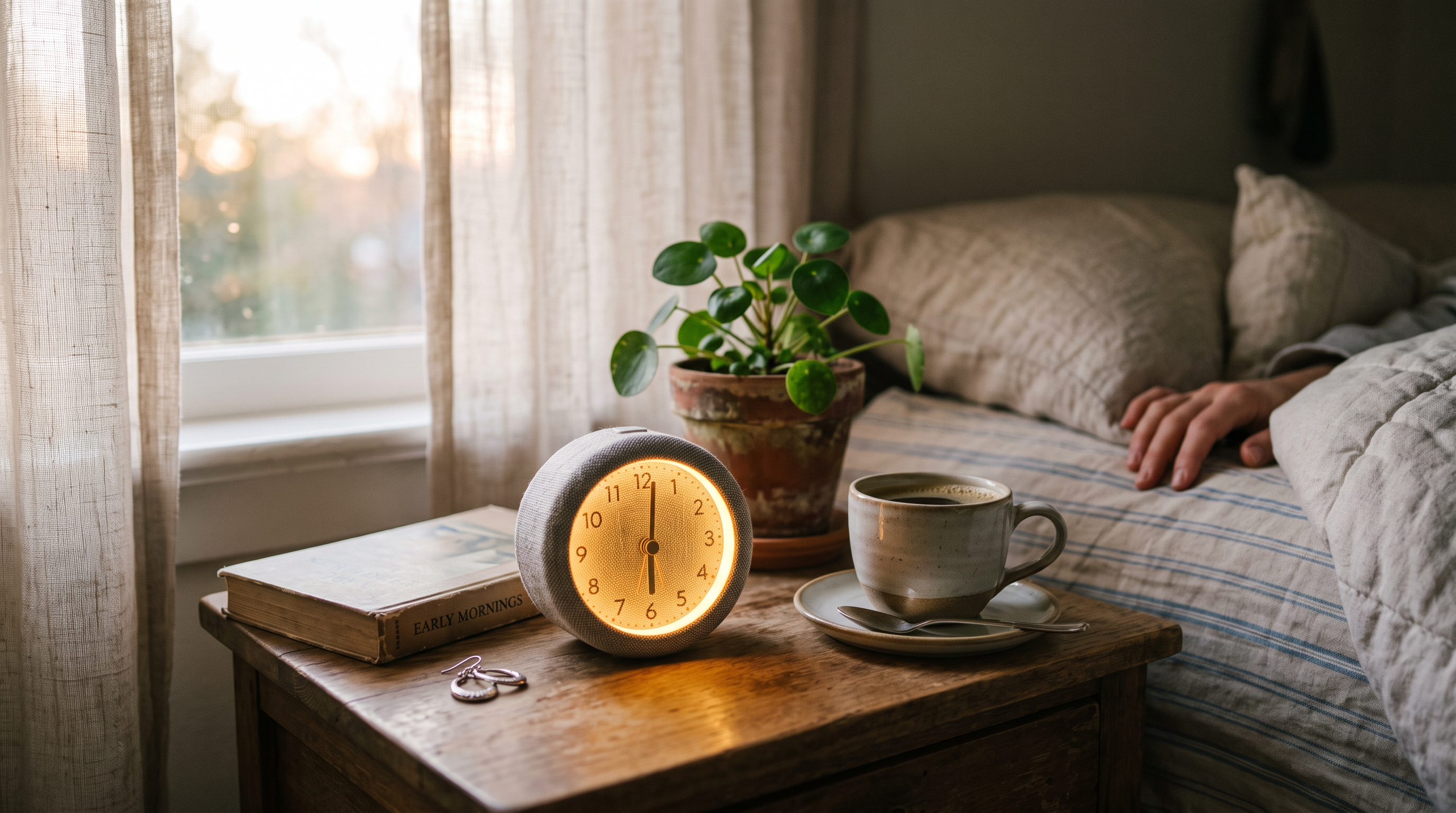 Dreamegg Sunrise Beam on a bedside table at dawn