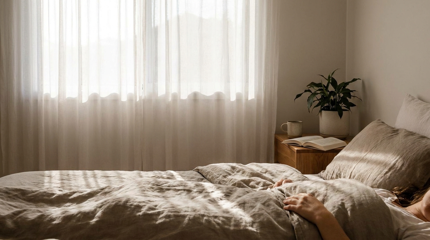 Soft natural light through curtains onto a bed