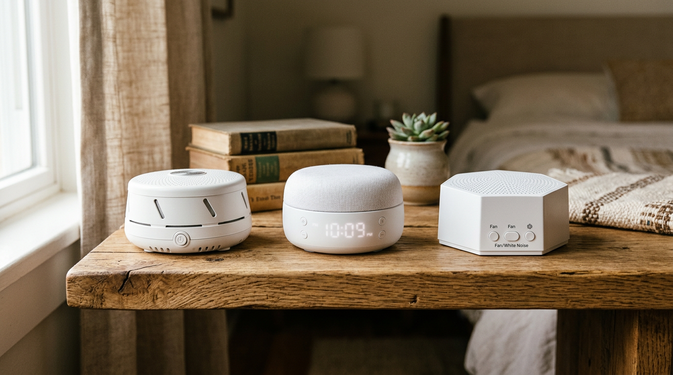 White noise machines lined up on a shelf